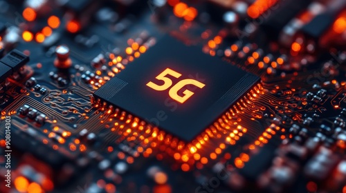 A detailed macro shot of a 5G chip on a circuit board, with intricate details of the microcomponents, representing the technology behind next-generation wireless networks photo