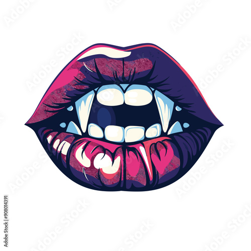 Colorful illustration depicting open mouth sharp vampire fangs. Dark purple lips magenta highlights stylized pop art effect. Isolated white background ideal Halloween vampirethemed graphics. Closeup photo