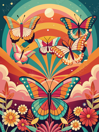 Five Colorful Butterflies Against a Retro Rainbow Background