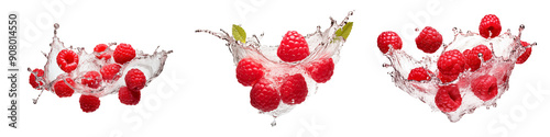 Raspberries falling into water splash isolated on a transparent background