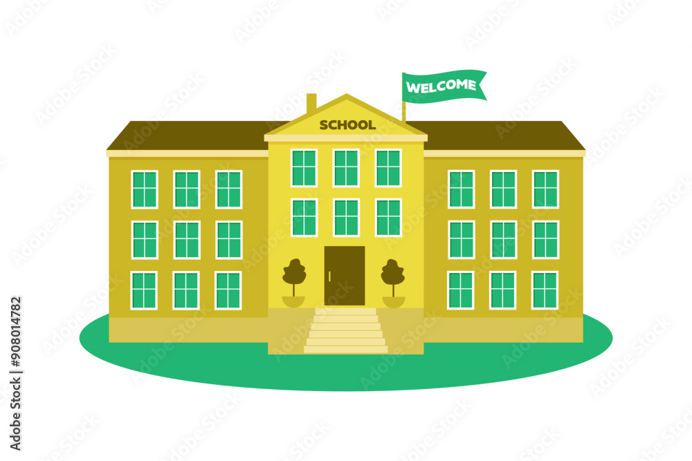 Bright design of a school building with a flag and the inscription Welcome on a white background. Isolated design of school building and lawn. Can be used as an icon Bright design of a school building with a flag and the inscription Welcome on a white background. Isolated design of school building and lawn. Can be used as an icon