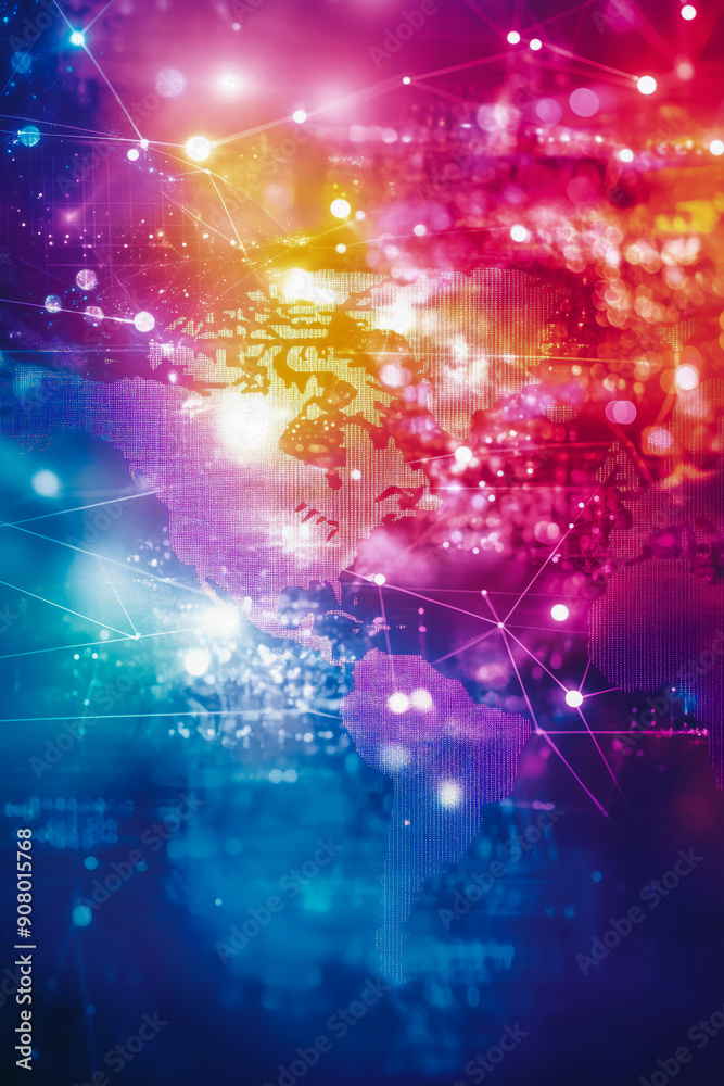 Global Network of Innovation: A vibrant abstract background with a stylized world map, interconnected by glowing lines, evokes a sense of global connectivity and technological advancement. Global Network of Innovation: A vibrant abstract background with a stylized world map, interconnected by glowing lines, evokes a sense of global connectivity and technological advancement.