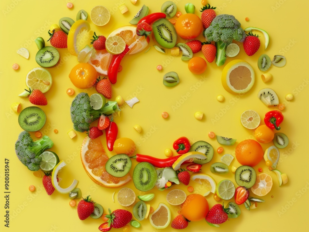 Medium shot of products 'citrus fruits (oranges, lemons), strawberries, kiwi, broccoli, peppers, cabbage' form a letter 'C', themed background, Medium shot of products 'citrus fruits (oranges, lemons), strawberries, kiwi, broccoli, peppers, cabbage' form a letter 'C', themed background,