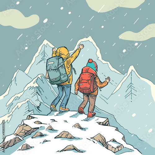 Two hikers climb snowy mountain, winter. One wears yellow jacket, green backpack, wears red jacket, red backpack. Visible rocky path, cloudy sky. Illustration comic art style. Highaltitude