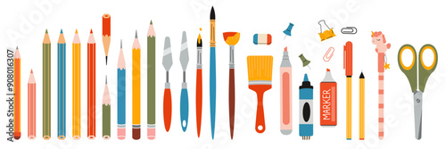 Set with different stationery and painting tools for school. Art supplies: brushes, pencil and markers. Trendy modern vector illustration isolated on white, hand drawn, flat design