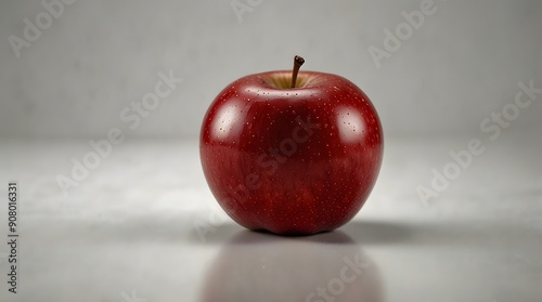 A single red apple with leaves on a white background, the apple is smooth and shiny, and the leaves are green and bright.