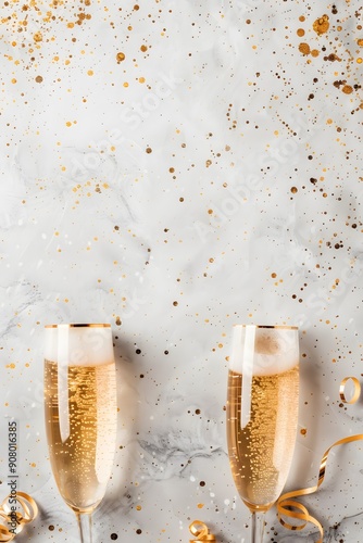 Two champagne glasses with gold rims are on a marble countertop