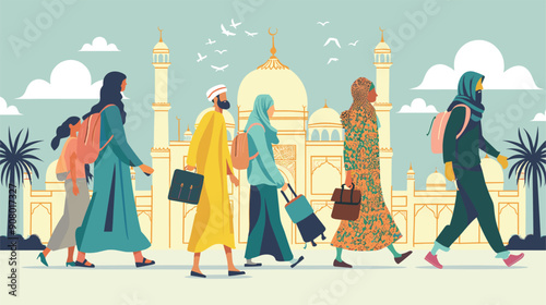 Group diverse individuals walking near mosque, dressed traditional attire carrying bags, amidst calm setting birds flying palm trees accentuating scenic background