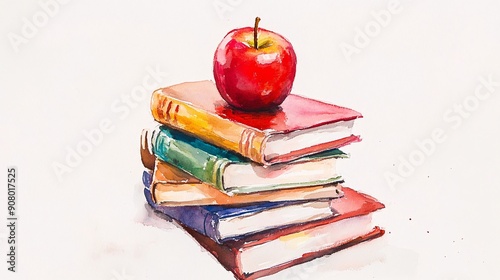 A watercolor painting of a stack of textbooks with an apple on top.