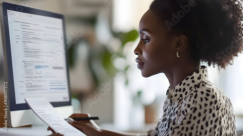 Close-Up of Computer Screen with Onboarding Documents as New Employee Fills Out Forms in a Quiet, Focused Environment