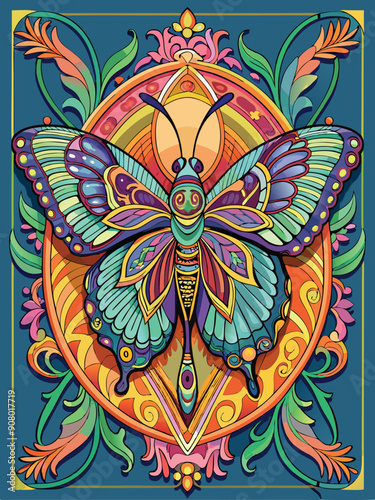 Ornate Butterfly with Colorful Floral Frame