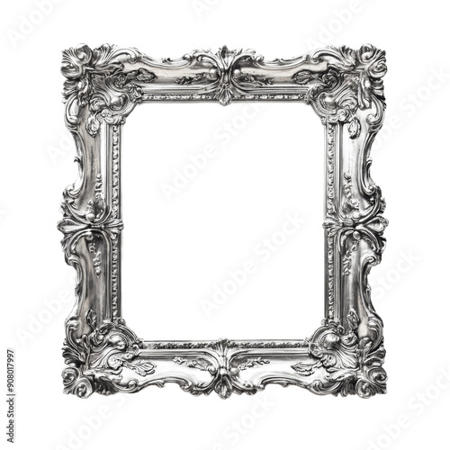 Ornate luxury decorative silver picture frame isolated on transparent background. 