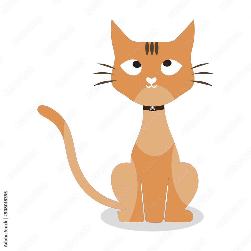 Naklejka premium Cartoon Cat with Black Collar, Vector illustration of a cute cartoon cat with big eyes and a black collar, perfect for creative designs