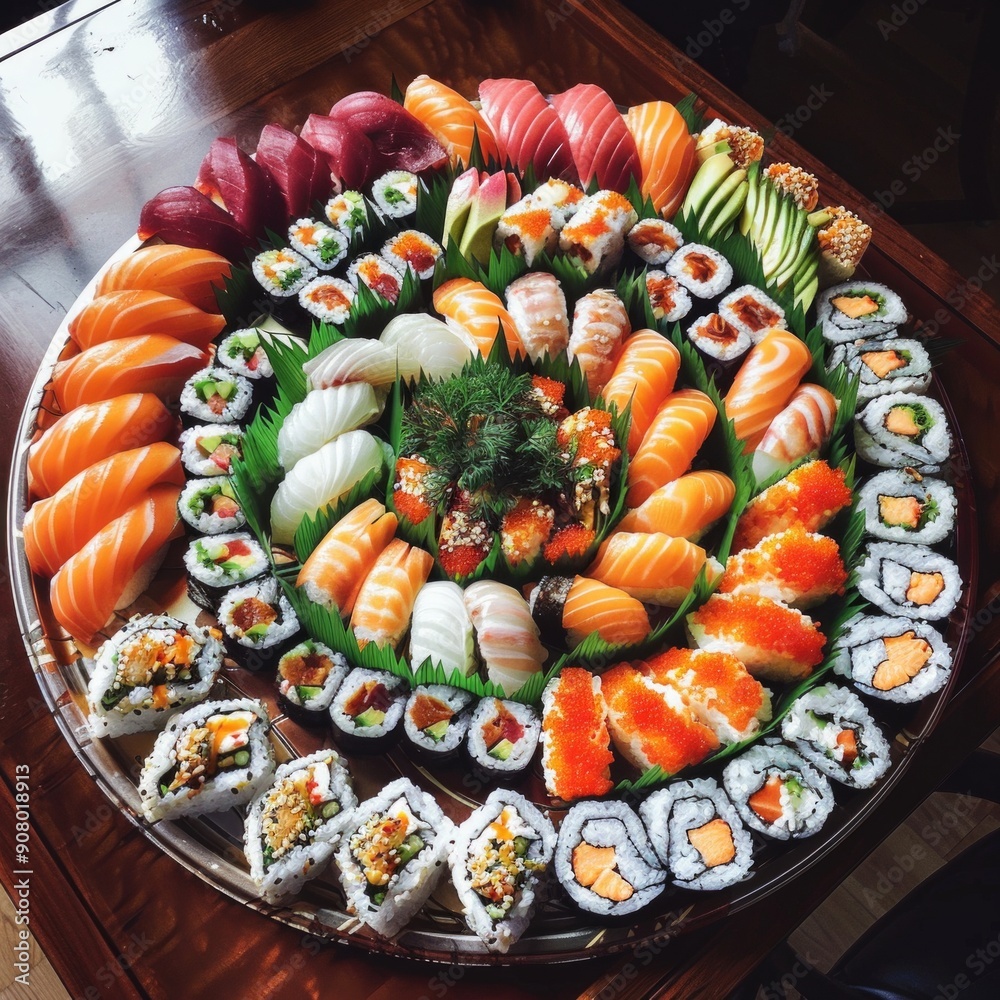 Colorful sushi platter with various rolls and nigiri. Fresh and beautifully arranged Japanese cuisine. Perfect for a party or special occasion. Vibrant and appetizing food presentation. AI Colorful sushi platter with various rolls and nigiri. Fresh and beautifully arranged Japanese cuisine. Perfect for a party or special occasion. Vibrant and appetizing food presentation. AI