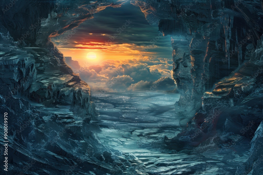 Fototapeta premium A View From Within A Dark Cave Shows A Dramatic Sunset Over An Expansive Frozen Landscape