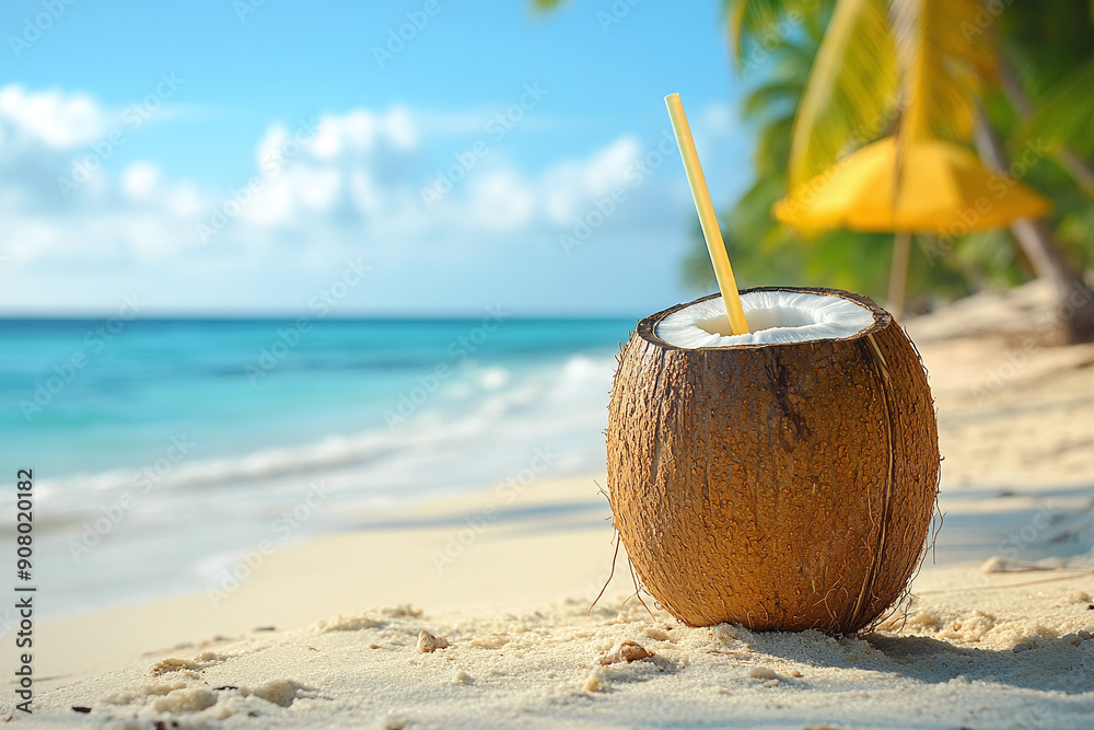 Photograph of a Fresh Coconut Drink on a Beach Photograph of a Fresh Coconut Drink on a Beach