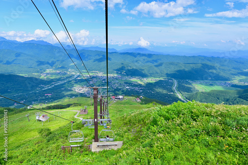 View of ChairLifts on Happo One and Hakuba Valley During Summer in Nagano Prefecture, Japan photo