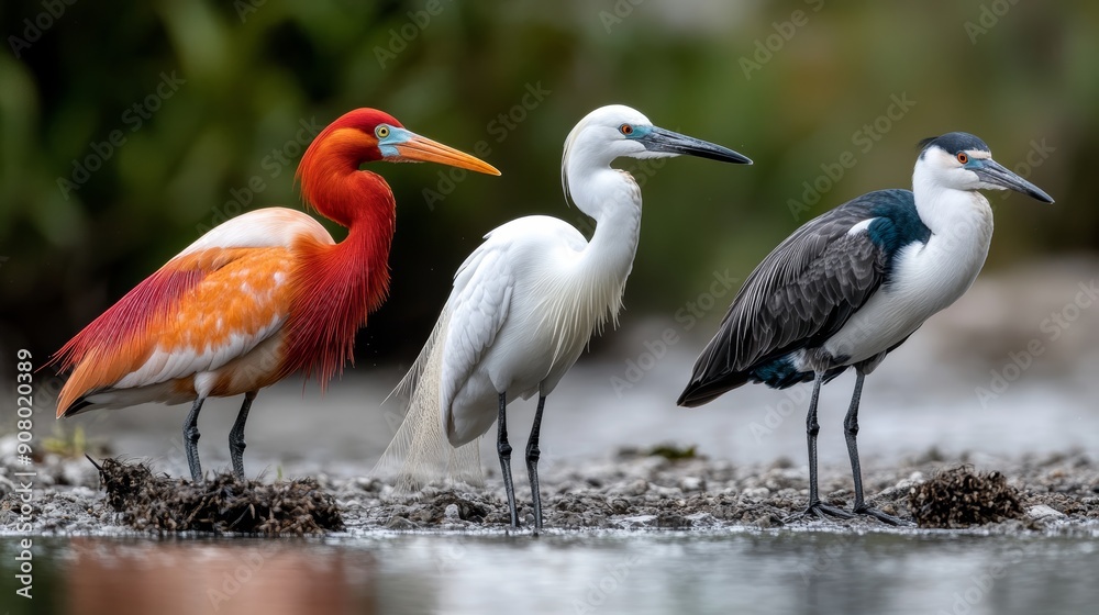 Obraz premium Three birds, a scarlet ibis, a white egret, and a black-crowned night heron, stand together on a shore.