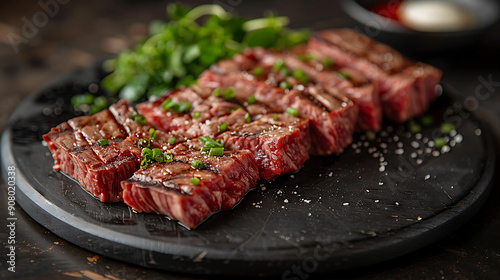 Elegant image of Japanese wagyu beef tasting menu Kobe Japan featuring grilled slices of premium marbled beef exquisite cuisine cherished exclusive weddings symbolizing luxury and culinary excellence