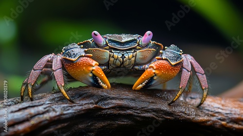 A colorful crab with bright orange claws stands on a weathered log. photo