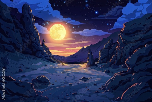A stylized illustration of a valley with large rocks under a bright moon and starry sky