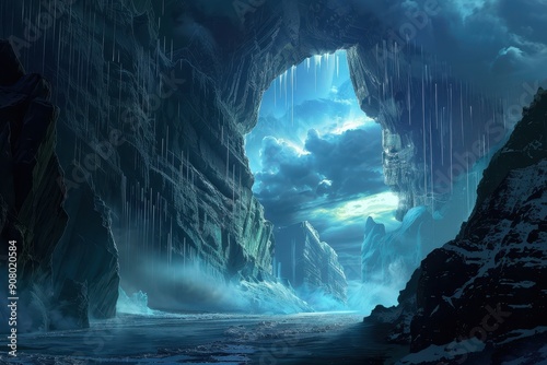 A frozen cave opening reveals a vast icy landscape with a blue sky and clouds