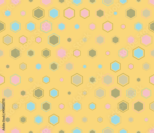 Tileabe mosaic background. Multicolored geometric elements of varied size. Hexagon mosaic cells with padding and inner solid cells. Hexagonal shapes. Tileable pattern. Seamless vector illustration.