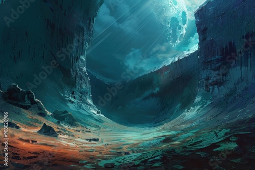 A fantastical landscape with a large moon in a deep blue canyon