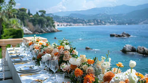 Enchanting French Riviera wedding banquet bouillabaisse tarte tropzienne Nice Sense wish romance bliss guest dine exquisite French Mediterranean cuisine against backdrop of azure sea sunkissed photo