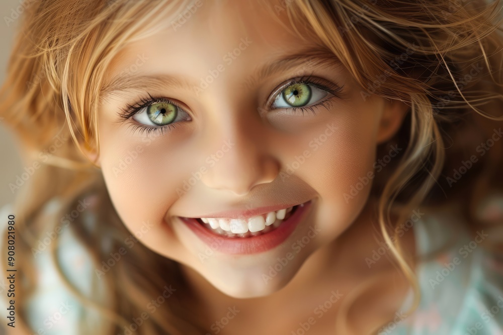 Happy smiling little girl with green eyes and blonde hair. Cute child with beautiful face looking into camera close-up portrait Happy smiling little girl with green eyes and blonde hair. Cute child with beautiful face looking into camera close-up portrait