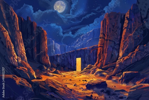 A glowing portal in a canyon under a starry night sky