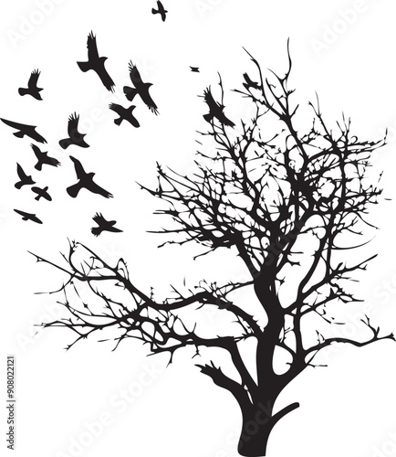 Tree with birds flying black silhouette