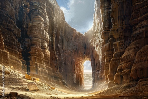 A sunlit canyon with rugged rock formations and a distant horizon