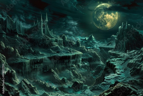 A Mystical City Rises From A Lush Green Landscape Under The Glow Of A Distant Moon