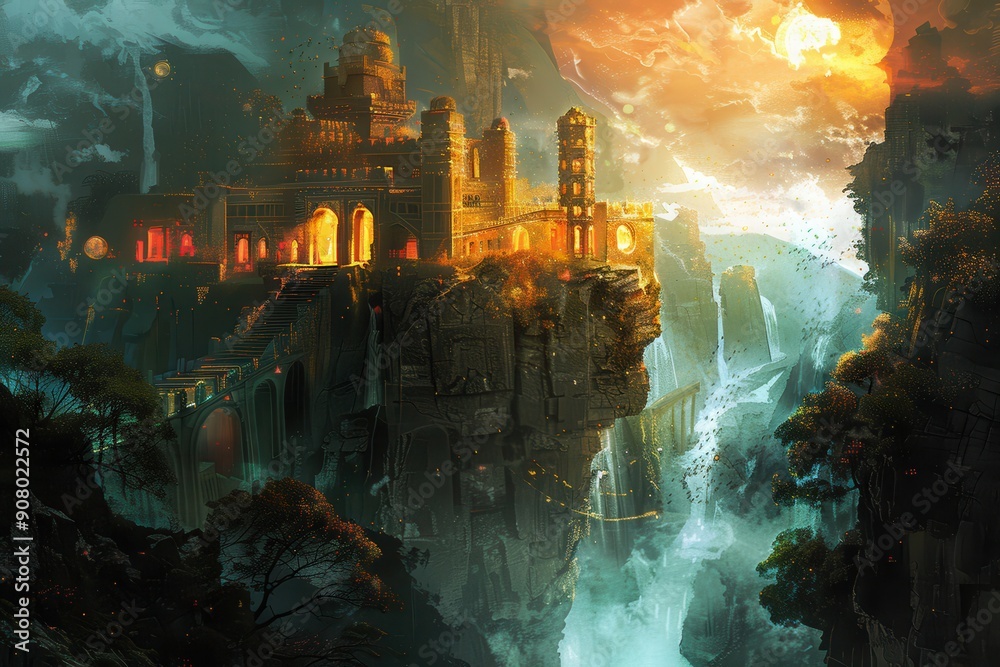 Fototapeta premium The image depicts a majestic golden citadel perched on a clifftop overlooking a misty landscape