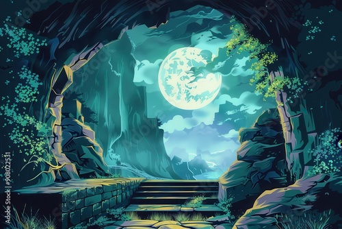 A Stone Pathway Leads To A Mysterious World Through A Cave Under A Full Moon