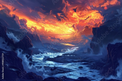 A fiery sunset casts an orange glow over a dramatic landscape of cliffs and swirling waves