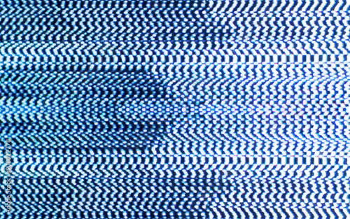 Glitch or static noise texture with white stripes and blue colored pixels. No signal 404 error. Abstract background Glitch Screen Effect Background. Overlay Digital Pixel Dots Noise Glitch Error.