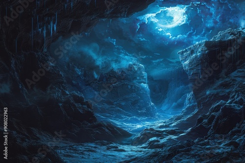 A mysterious cave entrance illuminated by a bright moon in a frozen mountainous landscape