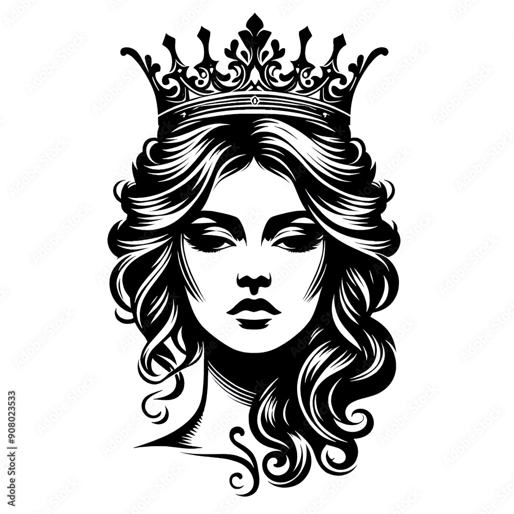 The beautiful queen head black line stencil isolated on white background The beautiful queen head black line stencil isolated on white background