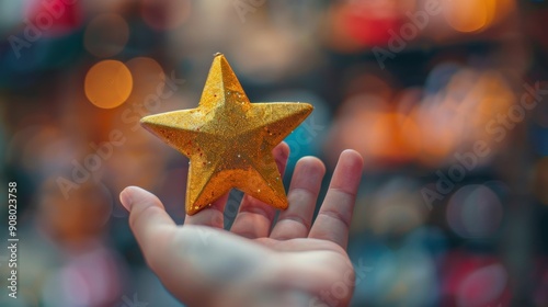 Close up hand holding a shiny gold star Symbol