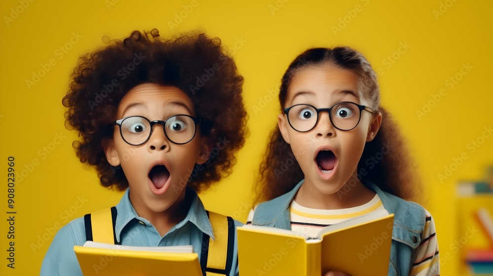 Surprised Kids Reacting to a Story While Reading Book on Yellow Background Surprised Kids Reacting to a Story While Reading Book on Yellow Background