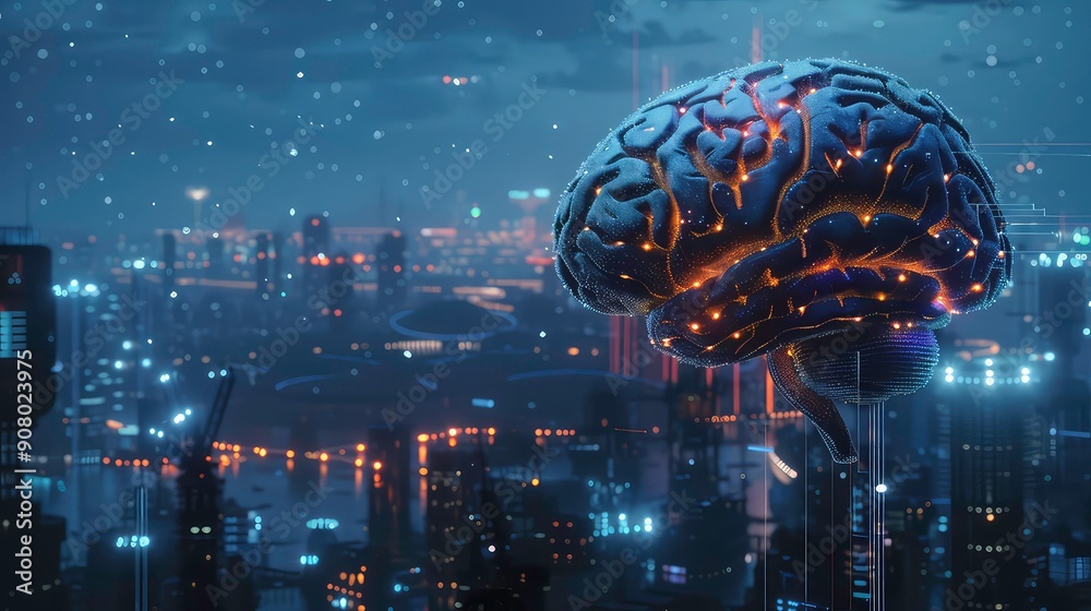 A digital depiction of a glowing brain hovering over a nighttime cityscape, representing the concepts of artificial intelligence and futuristic technology. A digital depiction of a glowing brain hovering over a nighttime cityscape, representing the concepts of artificial intelligence and futuristic technology.