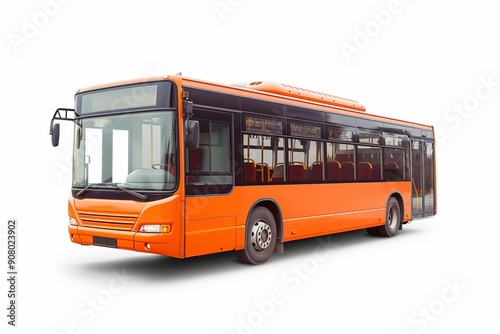 A Bright Orange City Bus prominently displayed against a clean White Background backdrop, isolated on white background