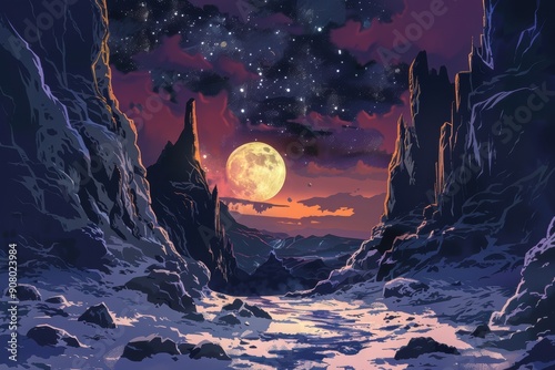 A Full Moon Illuminates a Snowy Valley Between Tall Jagged Cliffs Under a Starry Sky