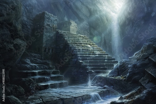 A stone stairway leading up to a hidden cave in the rain