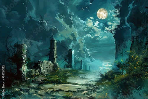 A path winds through the ruins of an ancient structure under a full moon
