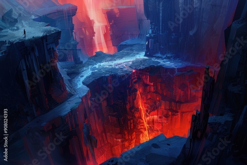 A solitary figure stands on a precipice overlooking a fiery chasm in a surreal landscape