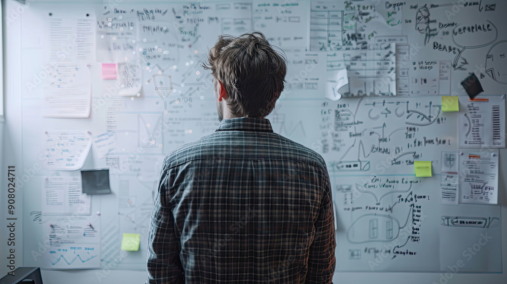 Coder analyzing complex diagrams on a whiteboard in an office setting Coder analyzing complex diagrams on a whiteboard in an office setting