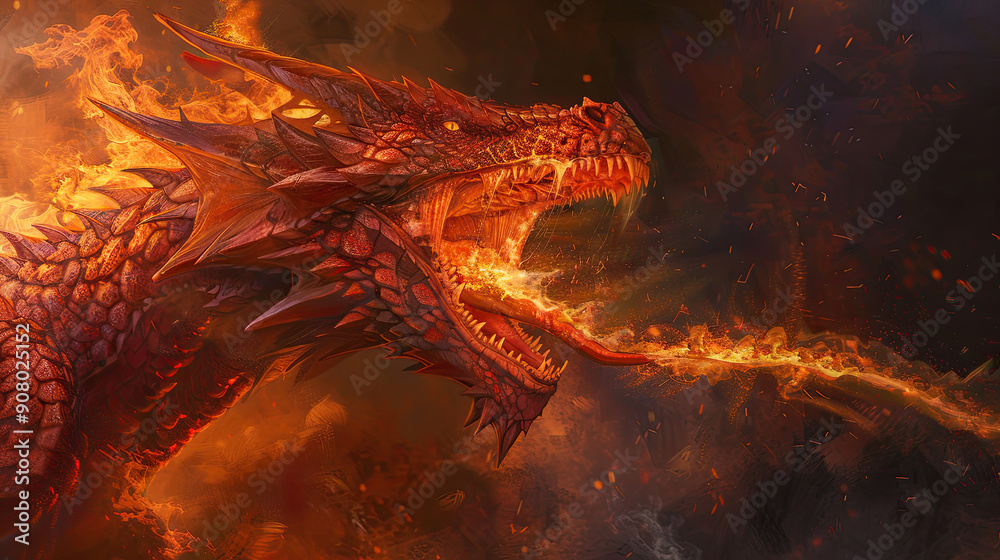 Naklejka premium Majestic fire dragon in a fiery landscape